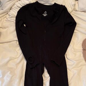 Black Ribbed Zip-Front Thermal Jumpsuit